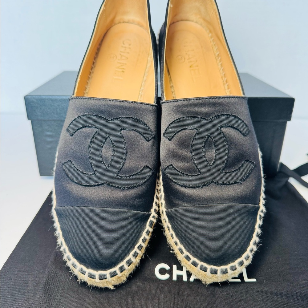 CHANEL Black Satin Espadrilles size 39.  Like new condition.